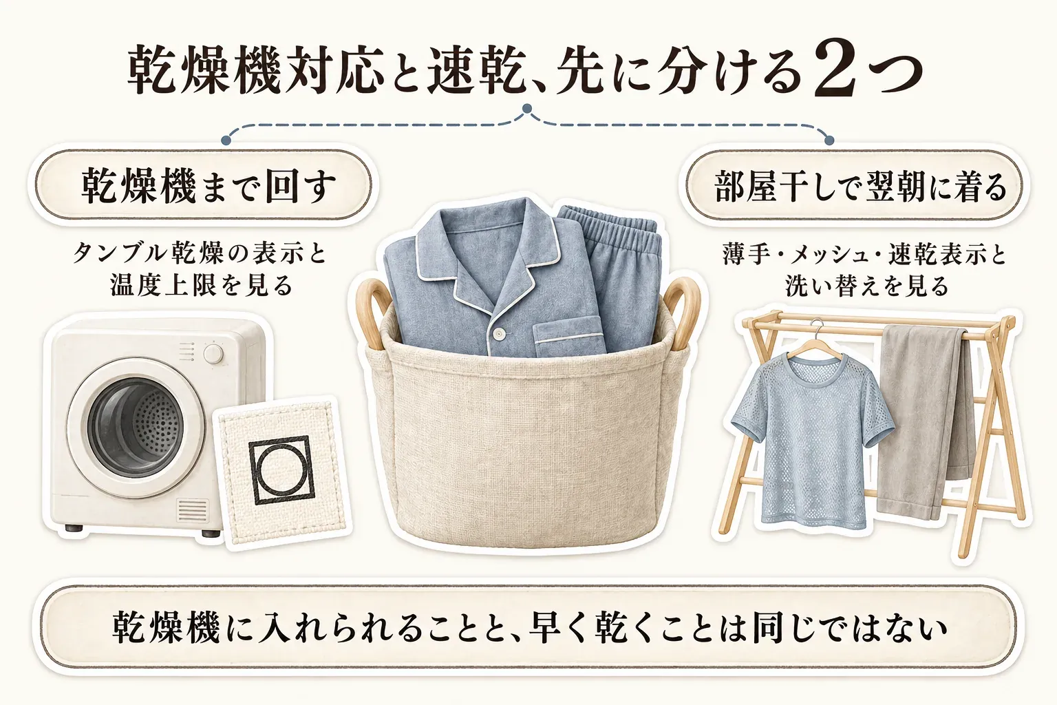 乾燥機対応と速乾を分ける図。乾燥機まで回す場合はタンブル乾燥の表示と温度上限を確認し、部屋干しで翌朝に着る場合は薄手・メッシュ・速乾表示と洗い替えを確認する。乾燥機に入れられることと早く乾くことは同じではないと示している。