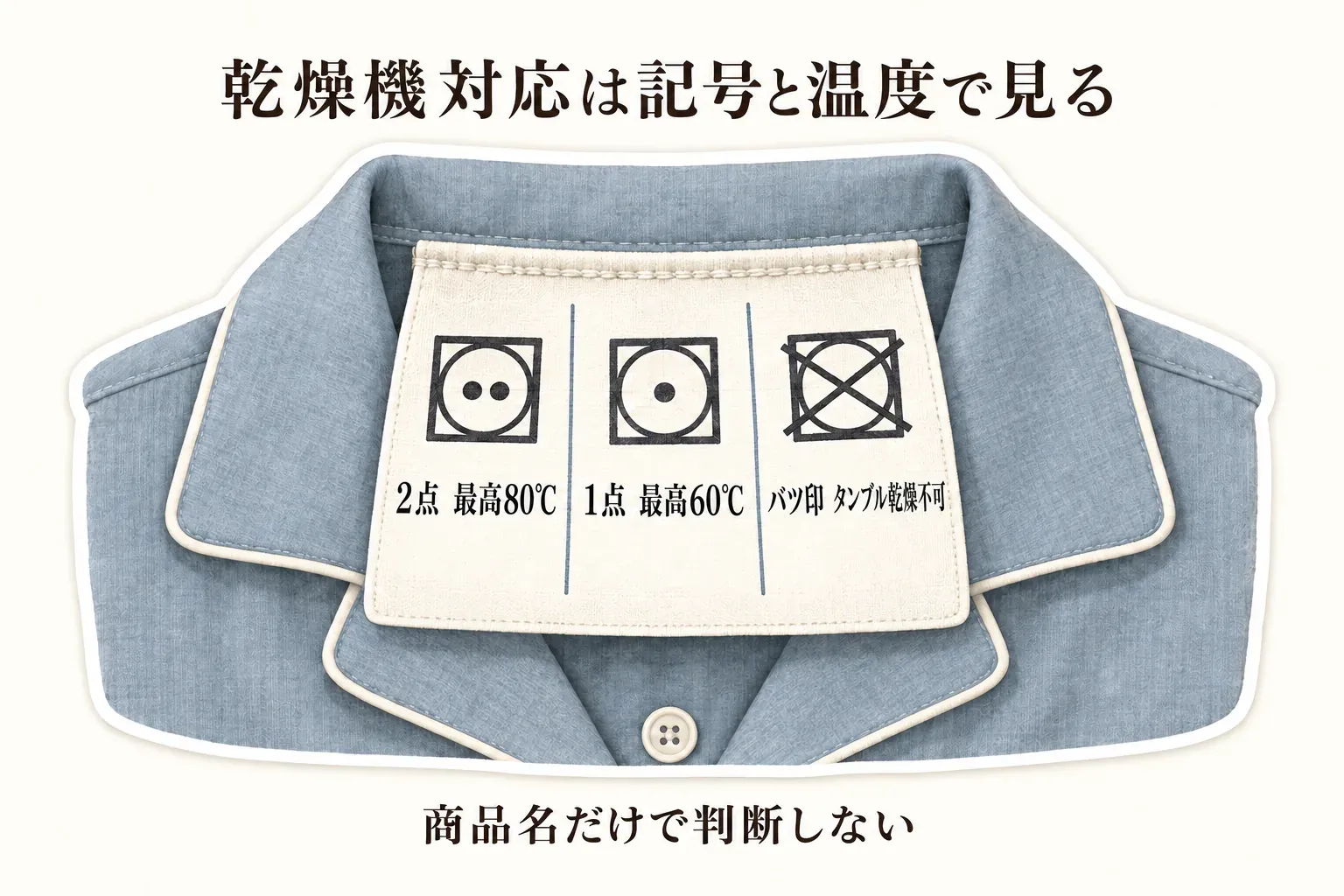 タンブル乾燥の温度表示を示す図。正方形の中に円と点が2つの記号は最高80℃、点が1つの記号は最高60℃、バツ印はタンブル乾燥不可を表す。乾燥機の設定を商品ページの洗濯表示と照合するよう案内している。出典：消費者庁「洗濯表示（令和6年8月20日以降）」。