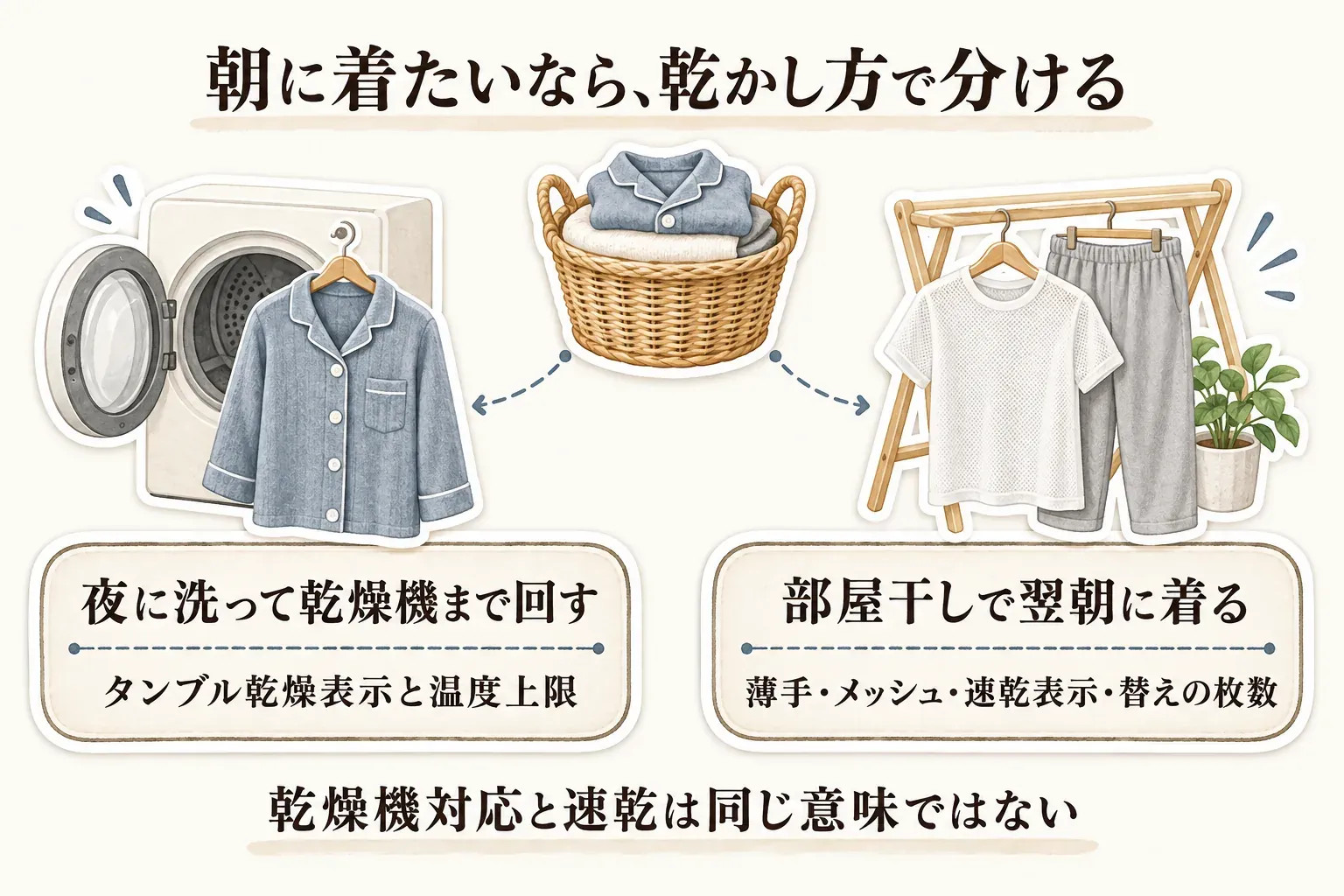 朝に着たいパジャマ・ルームウェアを乾かし方で分ける図。夜に洗って乾燥機まで回す場合はタンブル乾燥表示と温度上限を見て、部屋干しで翌朝に着る場合は薄手・メッシュ・速乾表示・替えの枚数を見る。乾燥機対応と速乾は同じ意味ではないと示している。