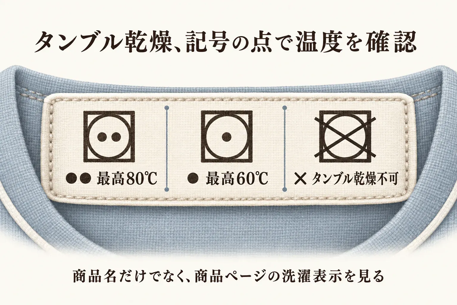 タンブル乾燥の洗濯表示を示す図。正方形の中に円と点が2つの記号は最高80℃、点が1つの記号は最高60℃、バツ印の記号はタンブル乾燥不可を表す。商品名だけでなく商品ページの洗濯表示を確認すると示している。出典：消費者庁「洗濯表示（令和6年8月20日以降）」。