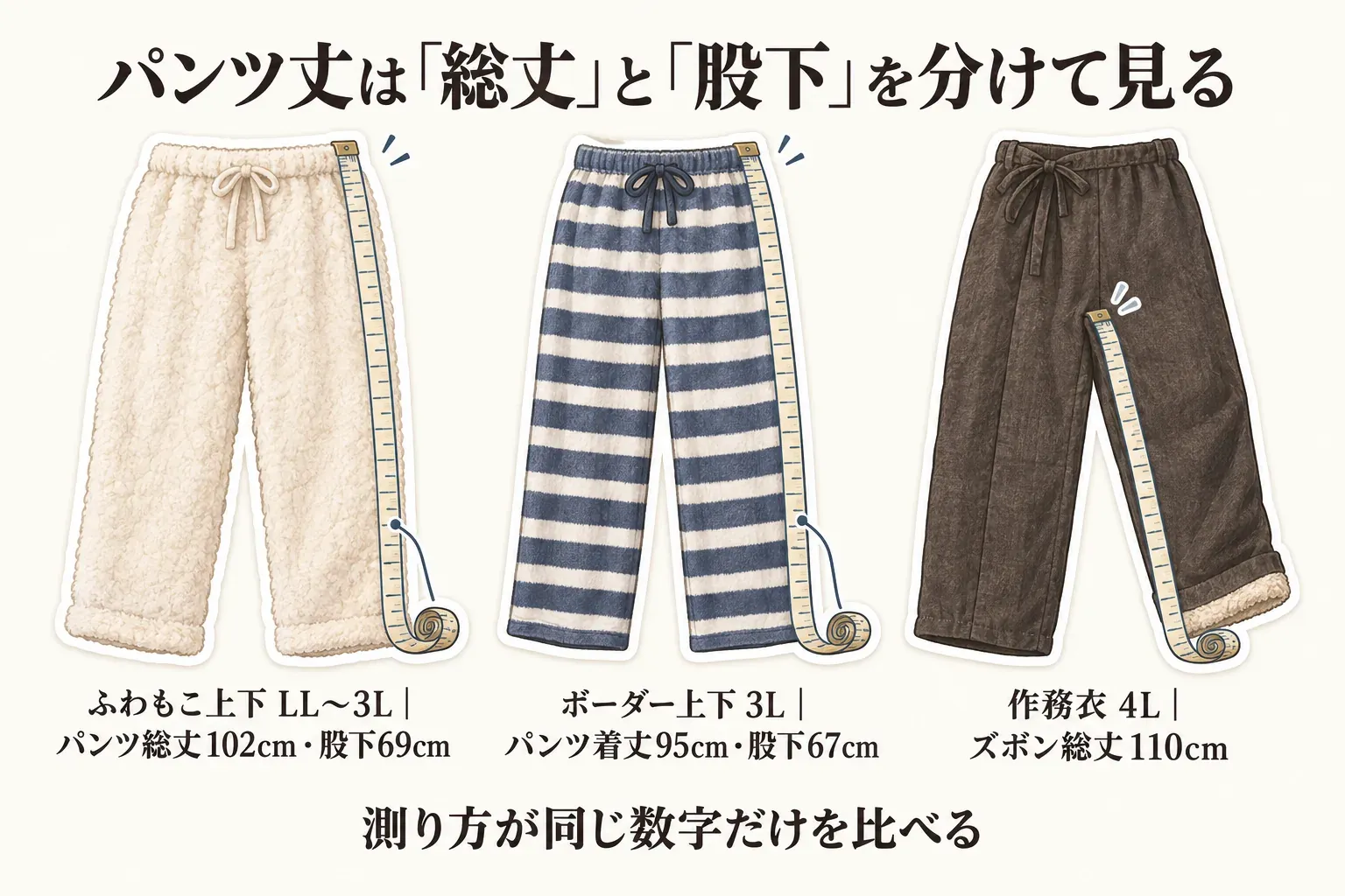 ふわもこ上下LL〜3Lのパンツ総丈102cm・股下69cm、ボーダー上下3Lのパンツ着丈95cm・股下67cm、作務衣4Lのズボン総丈110cmを、メジャーを添えた3本のパンツで示す図。総丈と股下を分け、同じ測り方の数字だけを比べるよう案内している。