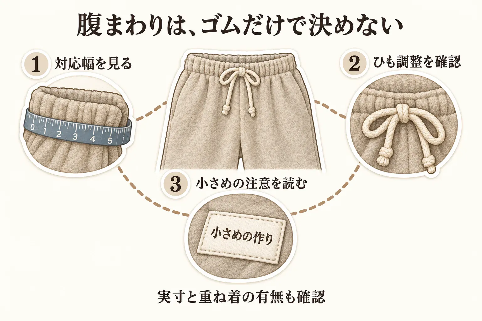 ゴムウエストとひもの付いたパンツを中心に、対応幅をメジャーで確認すること、ひもで調整できるかを確認すること、小さめの作りという注意を読むことの3点を示す図。実寸と重ね着の有無も確認するよう案内している。