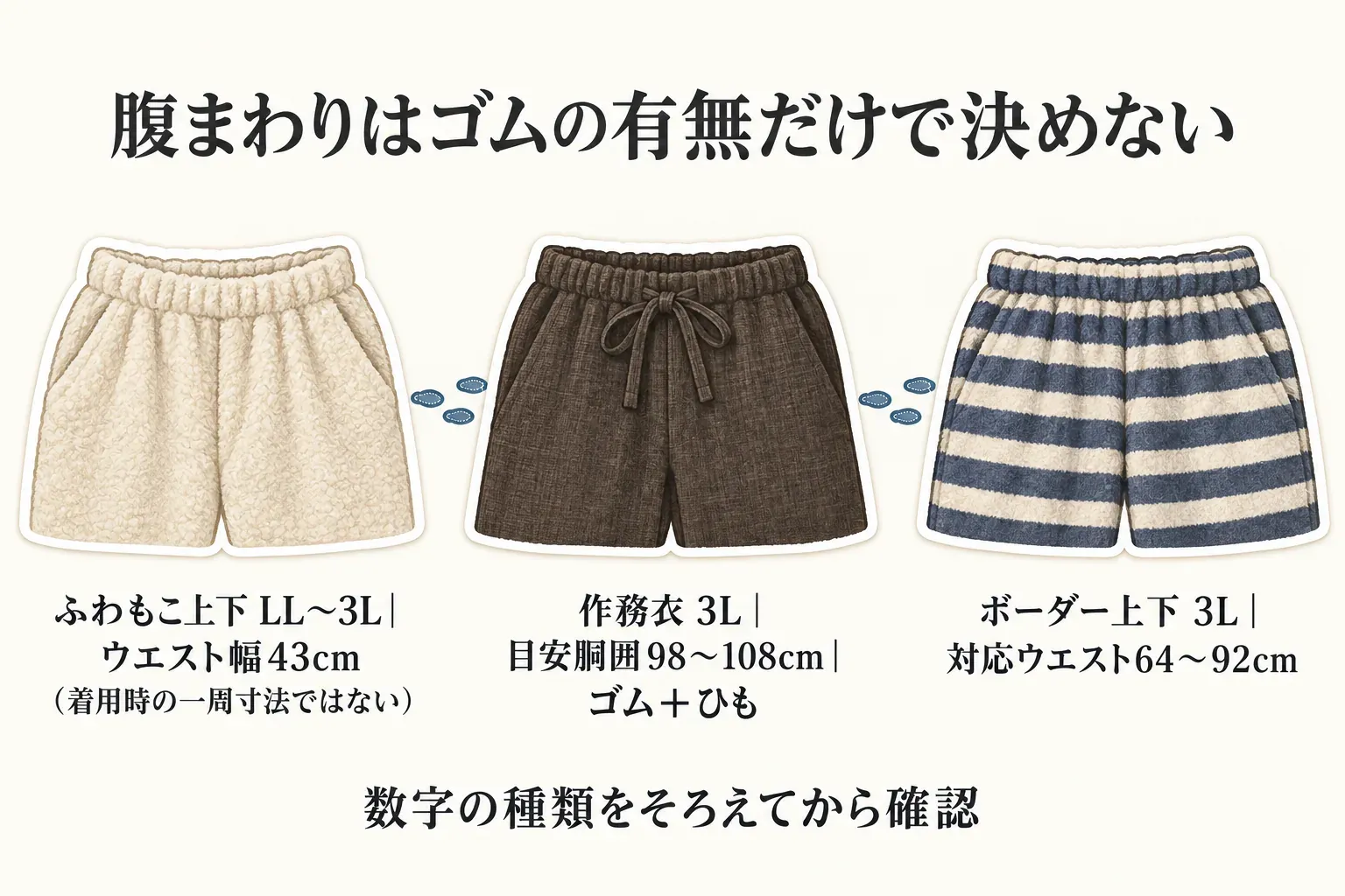 ふわもこ上下LL〜3Lはウエスト幅43cmで着用時の一周寸法ではないこと、作務衣3Lは目安胴囲98〜108cmでゴムとひもにより調整できること、ボーダー上下3Lは対応ウエスト64〜92cmであることを、各パンツのウエスト部分とともに示す図。数字の種類をそろえて確認するよう案内している。