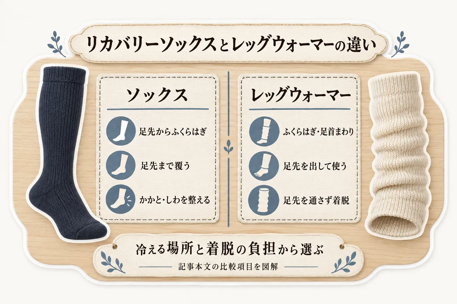 リカバリーソックスとレッグウォーマーの違いを示す図。ソックスは足先からふくらはぎまで覆い、かかとやしわを整えて着用する。レッグウォーマーはふくらはぎ・足首周りを覆い、足先を出したまま使い、足先を通さずに着脱できる。冷える場所と着脱の負担から選ぶと示している。