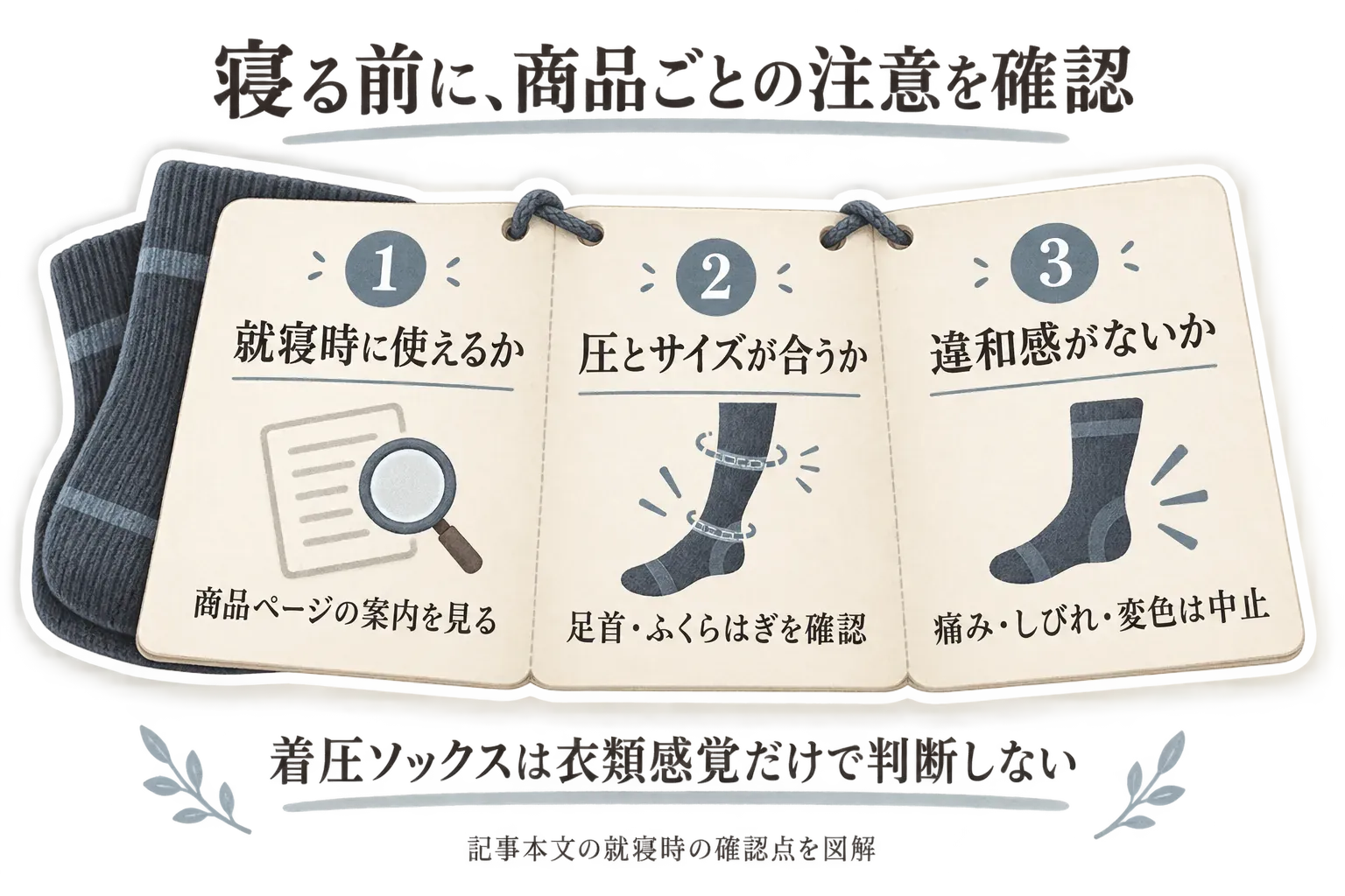 寝る前に着圧ソックスを使う際の確認点を示す図。1は商品ページで就寝時に使えるかを確認する、2は足首・ふくらはぎのサイズと圧が合うかを確認する、3は痛み・しびれ・皮膚や爪の変色などの違和感があれば使用を中止する。着圧ソックスは衣類感覚だけで判断しないと示している。