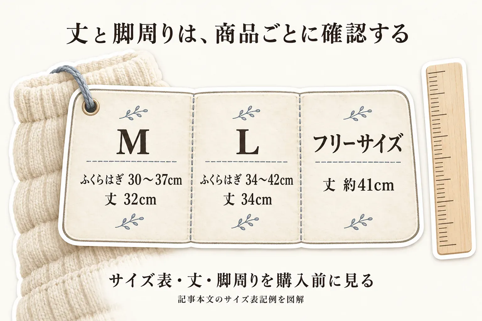 レッグウォーマーのサイズと丈を商品ごとに確認する図。VENEXはMがふくらはぎ30〜37cm・丈32cm、Lがふくらはぎ34〜42cm・丈34cm、イオンドクターはフリーサイズ・丈約41cmと示し、購入前にサイズ表・丈・脚周りを見るよう案内している。