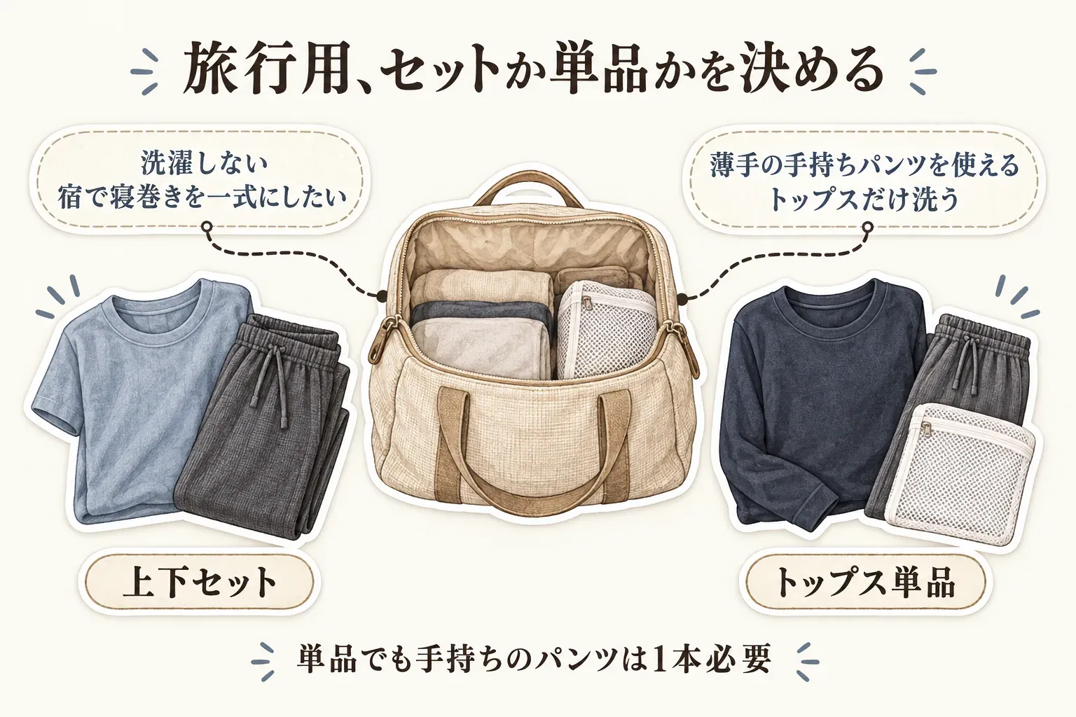 旅行用リカバリーウェアを上下セットかトップス単品かで選ぶ図。洗濯せず宿で寝巻きを一式にしたい場合は上下セット、薄手の手持ちパンツを使えてトップスだけ洗う場合はトップス単品を選ぶ。単品でも手持ちのパンツは1本必要。