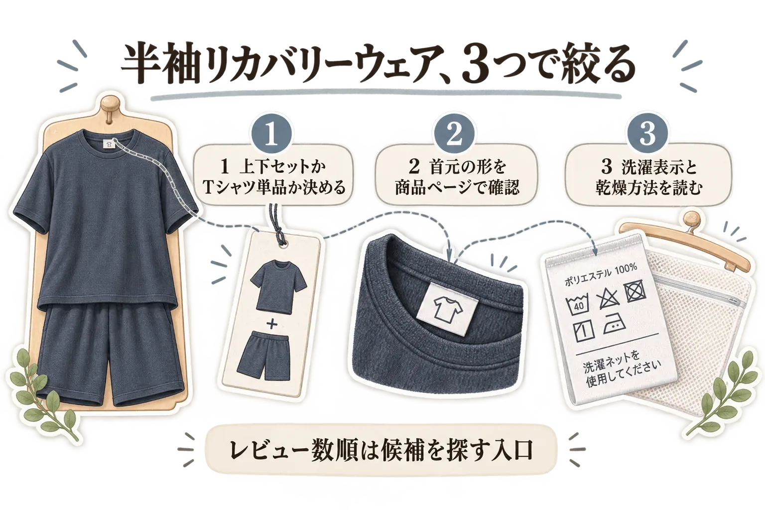 半袖リカバリーウェアを選ぶ3つの確認点を示す図。1は上下セットかTシャツ単品かを決める、2は首元の形を商品ページで確認する、3は洗濯表示と乾燥方法を読む。レビュー数順は候補を探す入口と示している。