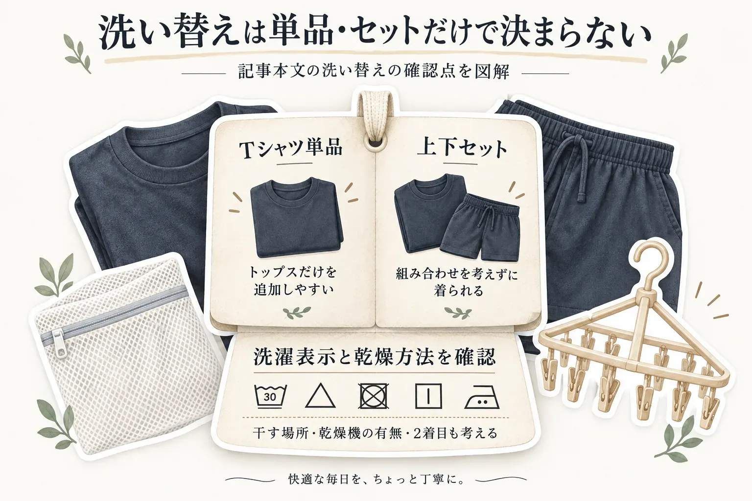 洗い替えは単品か上下セットだけでは決まらないことを示す図。Tシャツ単品はトップスだけを追加しやすく、上下セットは組み合わせを考えずに着られる。洗濯表示と乾燥方法、干す場所、乾燥機の有無、2着目も確認すると示している。