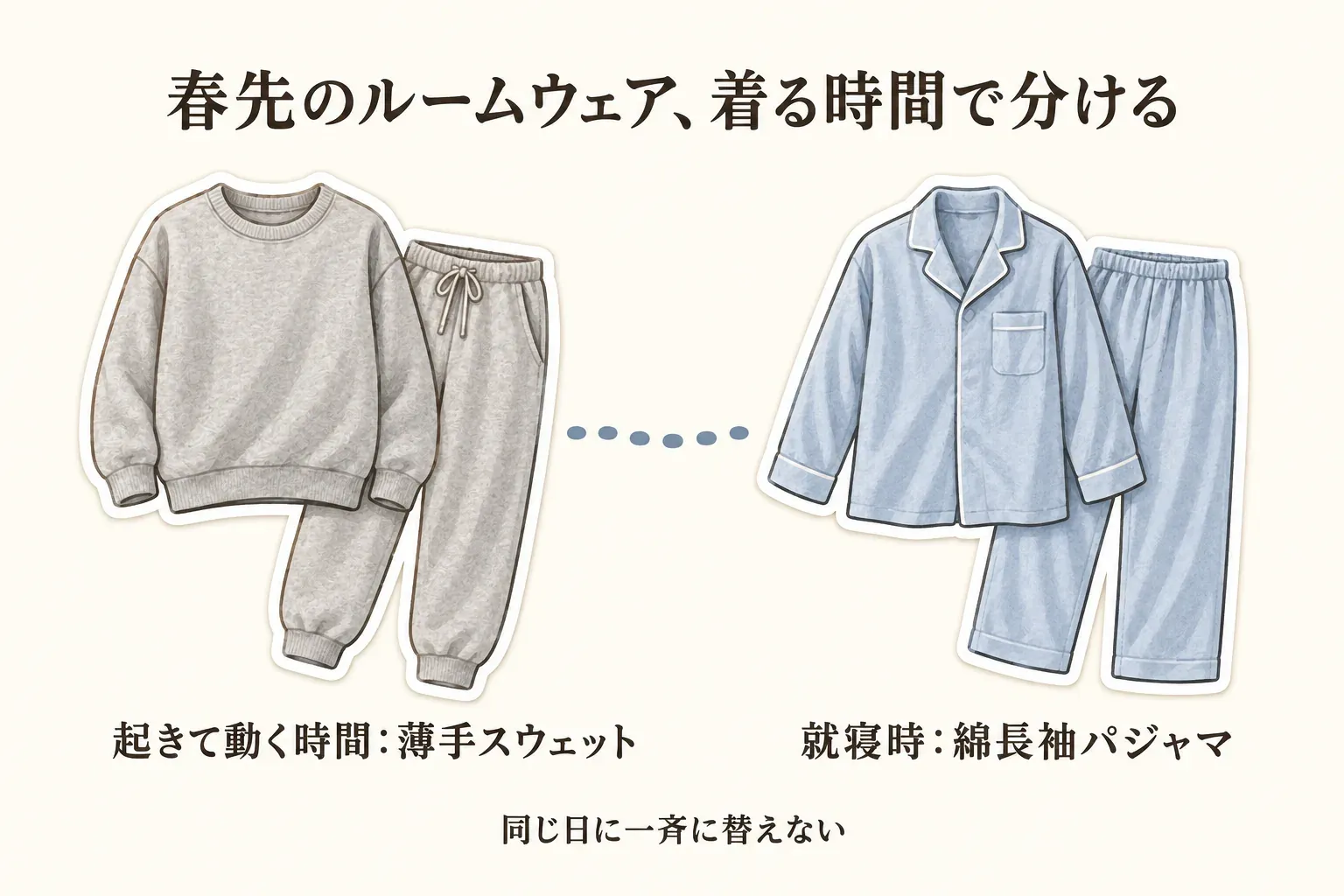 春先のルームウェアを着る時間で分ける図。起きて動く時間は薄手スウェット、就寝時は綿長袖パジャマを選び、同じ日に一斉に替えないと示している。