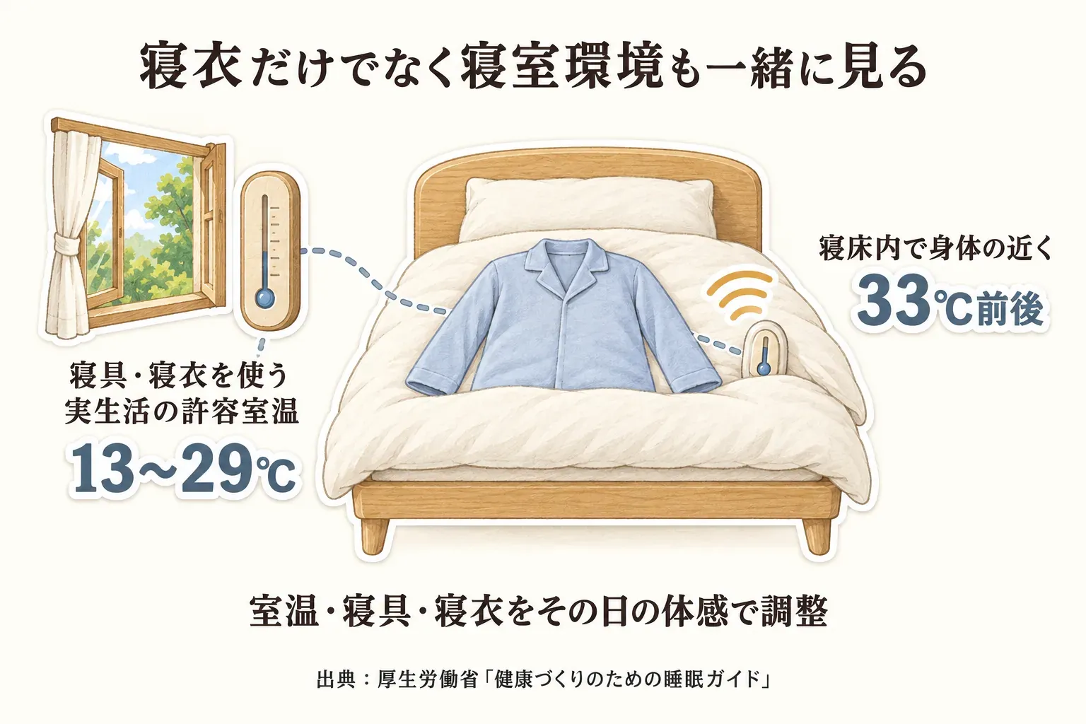 寝衣だけでなく寝室環境も一緒に見る図。寝具・寝衣を使う実生活の許容室温は13〜29℃、寝床内で身体の近くは33℃前後を目安とし、室温・寝具・寝衣をその日の体感で調整すると示す。出典：厚生労働省「健康づくりのための睡眠ガイド」。
