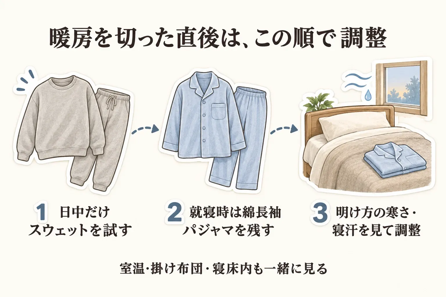 暖房を切った直後の調整順を示す図。1は日中だけ薄手スウェットを試す、2は就寝時に綿長袖パジャマを残す、3は明け方の寒さ・寝汗を見て調整するという順で、室温・掛け布団・寝床内も一緒に確認すると説明している。