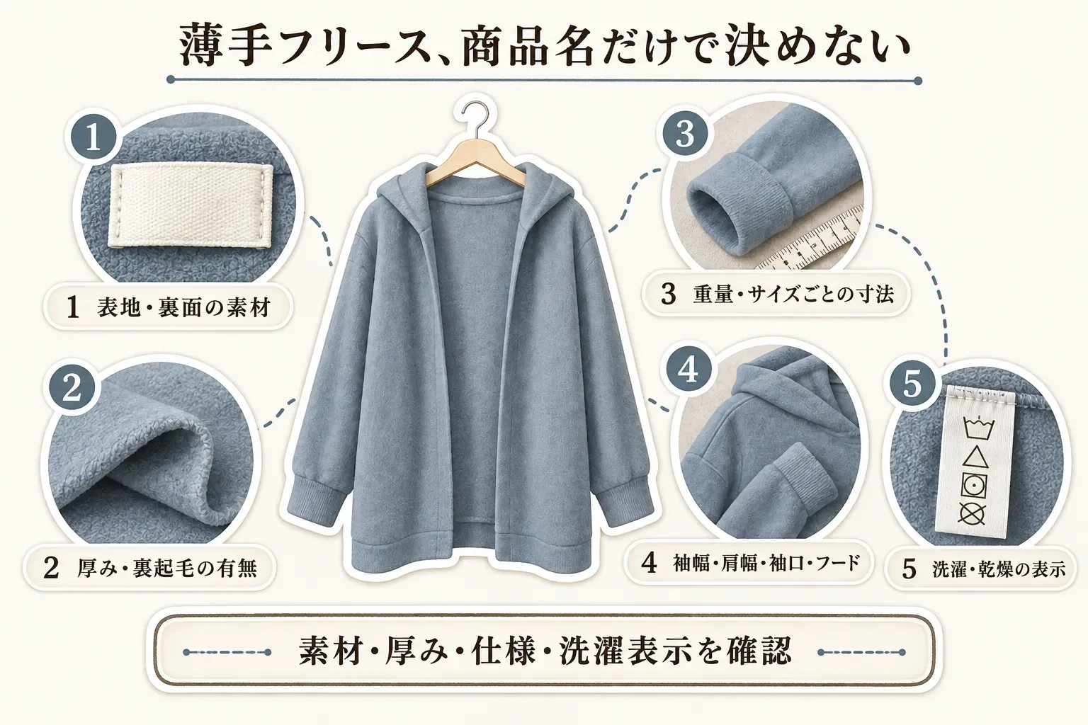 薄手フリースを商品名だけで決めずに確認する項目を示す図。表地・裏面の素材、厚みと裏起毛の有無、重量とサイズごとの寸法、袖幅・肩幅・袖口・フード、洗濯・乾燥の表示を、カーディガンのイラストとともに示している。