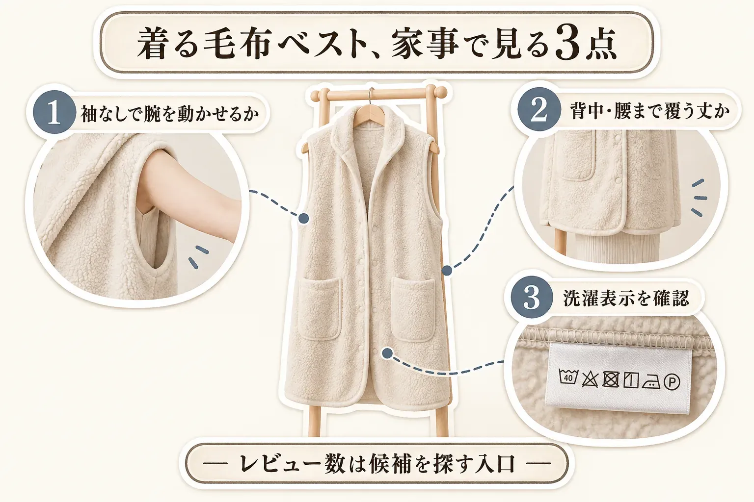 家事で着る毛布ベストを選ぶ3点を示す図。袖なしで腕を動かせるか、背中・腰まで覆う丈か、洗濯表示を確認するかを、ベストと洗濯表示の写真で示し、レビュー数は候補を探す入口としている。