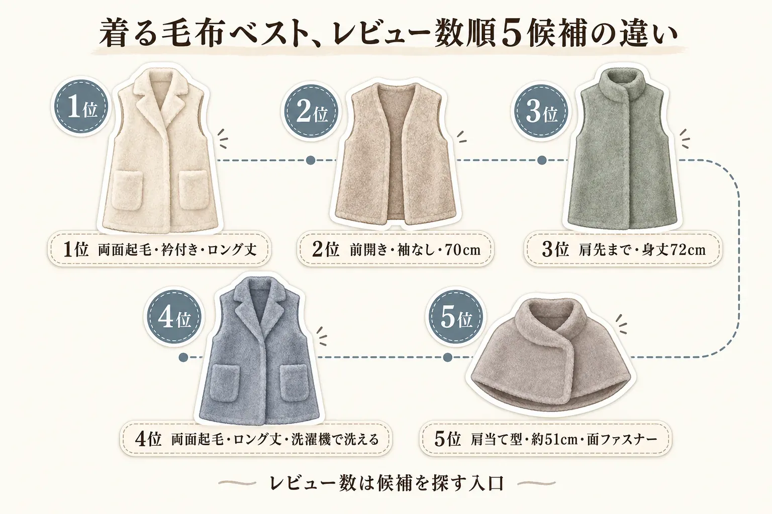 楽天のレビュー数順に並べた着る毛布ベスト5候補の特徴を示す図。1位は両面起毛・衿付き・ロング丈、2位は前開き・袖なし・着丈70cm、3位は肩先まで覆い身丈72cm、4位は両面起毛・ロング丈・洗濯機で洗える、5位は肩当て型・約51cm・面ファスナーと記載し、レビュー数は候補を探す入口と示している。