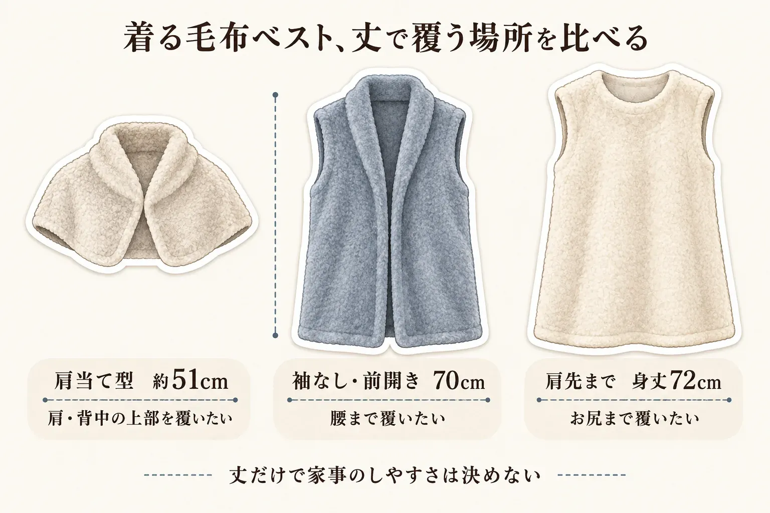 着る毛布ベストの丈で覆う場所を比べる図。約51cmの肩当て型は肩・背中の上部、袖なし・前開きで70cmのベストは腰まで、肩先まで覆う身丈72cmのベストはお尻まで覆いたい場合の目安と示し、丈だけで家事のしやすさは決まらないとしている。