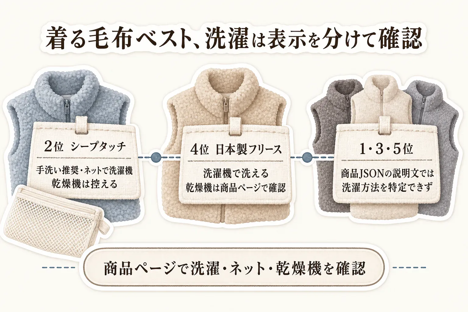 着る毛布ベストの洗濯情報を商品ごとに分けて示す図。2位のシープタッチは手洗い推奨・ネットに入れて洗濯機・乾燥機は控える、4位の日本製フリースは洗濯機で洗えるが乾燥機は商品ページで確認、1位・3位・5位は商品JSONの説明文では洗濯方法を特定できないと示し、商品ページで洗濯・ネット・乾燥機を確認すると案内している。