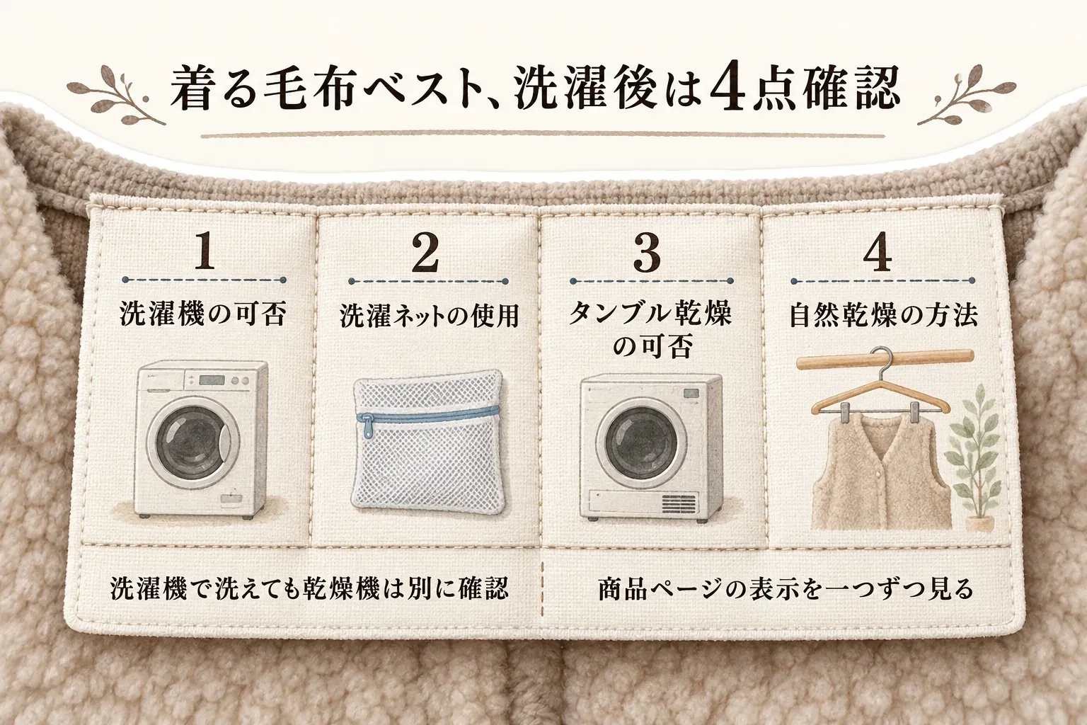 着る毛布ベストを洗濯した後の確認項目を4点で示す図。洗濯機の可否、洗濯ネットの使用、タンブル乾燥の可否、自然乾燥の方法を確認し、洗濯機で洗えても乾燥機は別に確認するため、商品ページの表示を一つずつ見ると案内している。