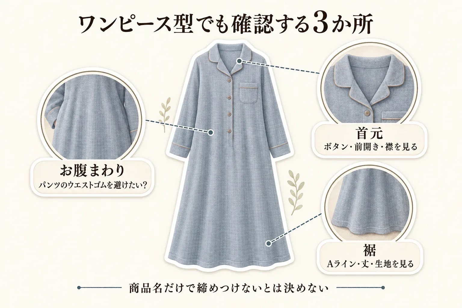 ワンピース型のパジャマでも確認する3か所を示す図。お腹まわりはパンツのウエストゴムを避けられるか、首元はボタン・前開き・襟、裾はAライン・丈・生地を確認し、商品名だけで締めつけの有無を決めないと案内している。