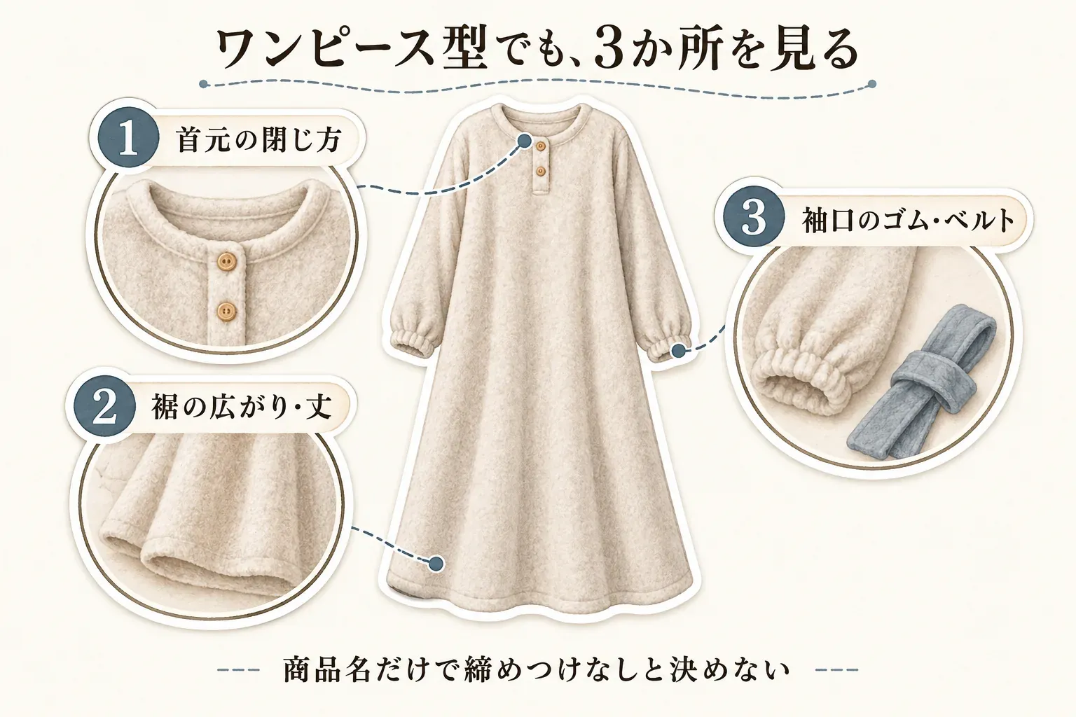 ワンピース型のパジャマで見る3か所を示す図。首元の閉じ方、裾の広がりと丈、袖口のゴムやベルトを確認し、商品名だけで締めつけなしと決めないよう案内している。